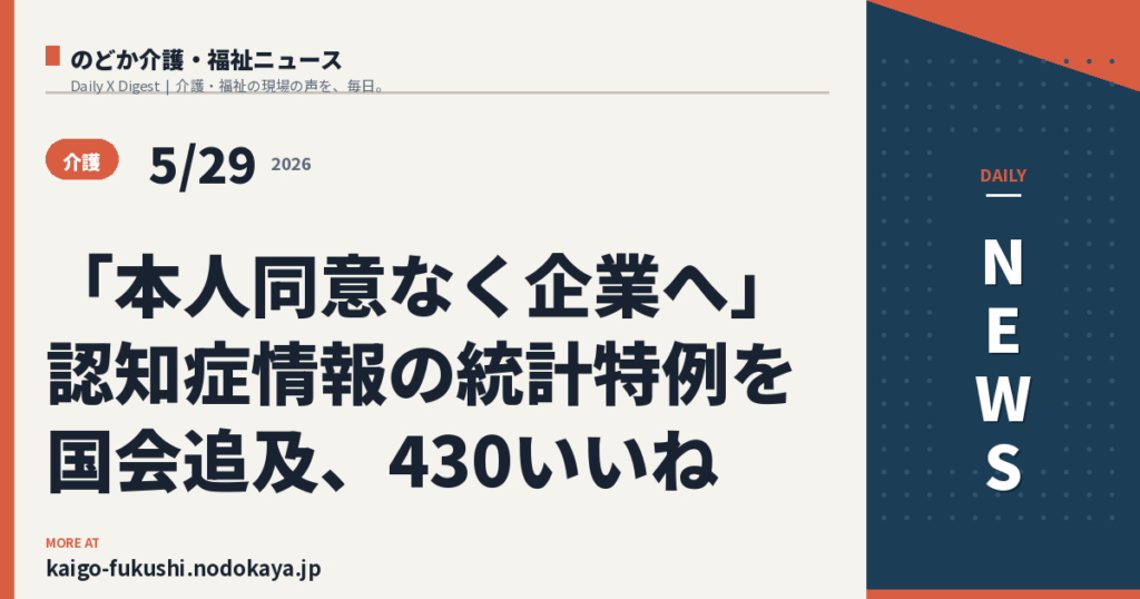 「本人同意なく企業へ」認知症情報の統計特例を国会追及、430いいね