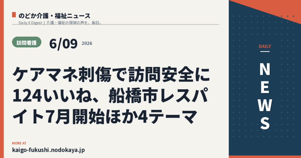 ケアマネ刺傷で訪問安全に124いいね、船橋市レスパイト7月開始ほか4テーマ