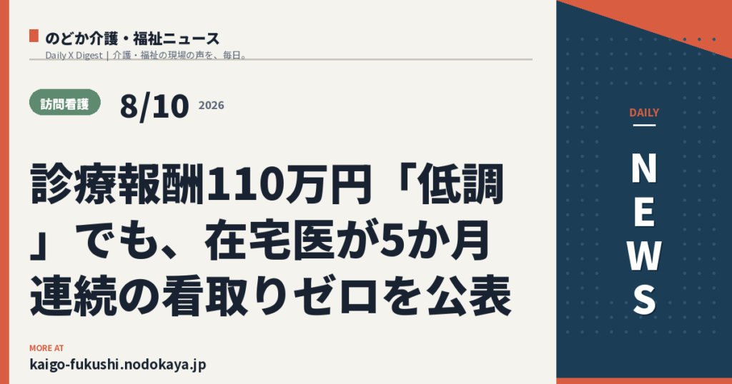 診療報酬110万円「低調」でも、在宅医が5か月連続の看取りゼロを公表